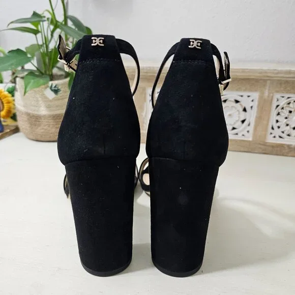 SAM EDELMAN Black Leather Suede Ankle Strap Block Heel Sandal Womens Sz 9.5 W - Picture 4 of 9